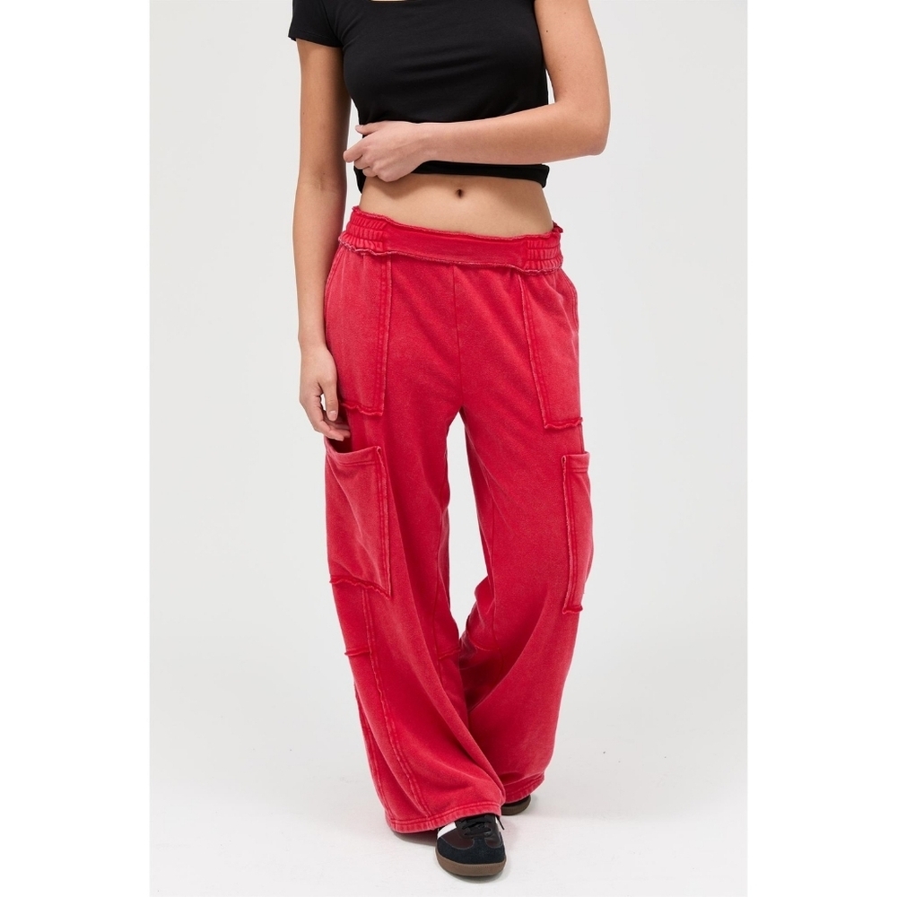 CloudDweller Red Mineral Washed Cotton Butter Soft Wide Leg Cargo Sweatpants